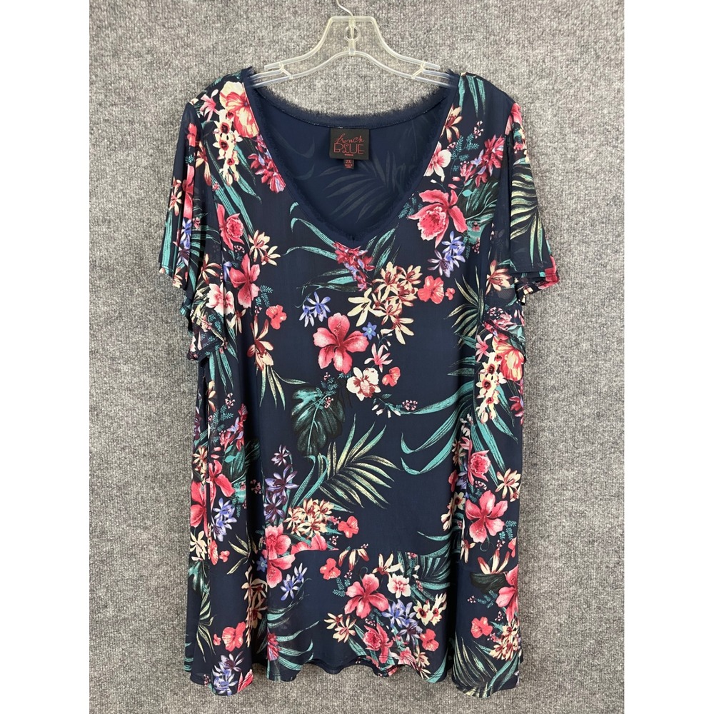 French Blue Floral Mesh Top Women 2X Navy Pink Excellent‎ Flutter Sleeve V-Neck